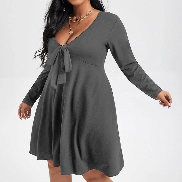 Plus Size Langermet Bowknot Kne-Lang Pullover Vanlig Casual Dress