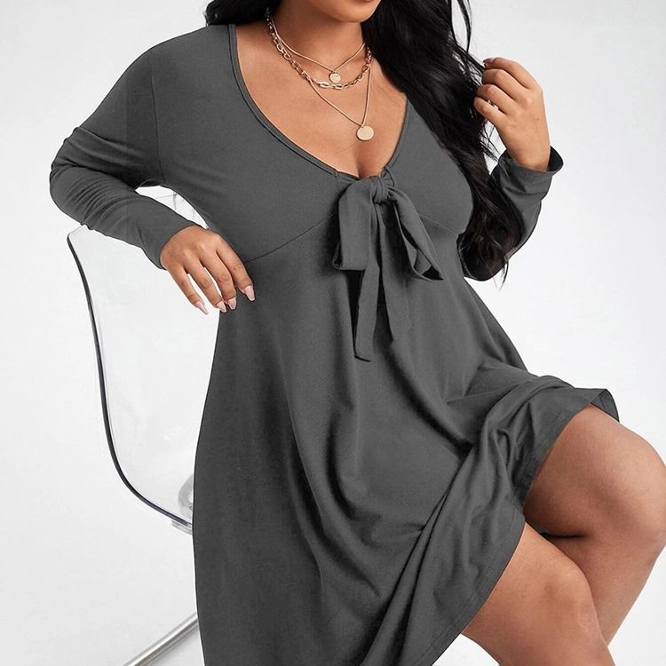 Plus Size Langermet Bowknot Kne-Lang Pullover Vanlig Casual Dress