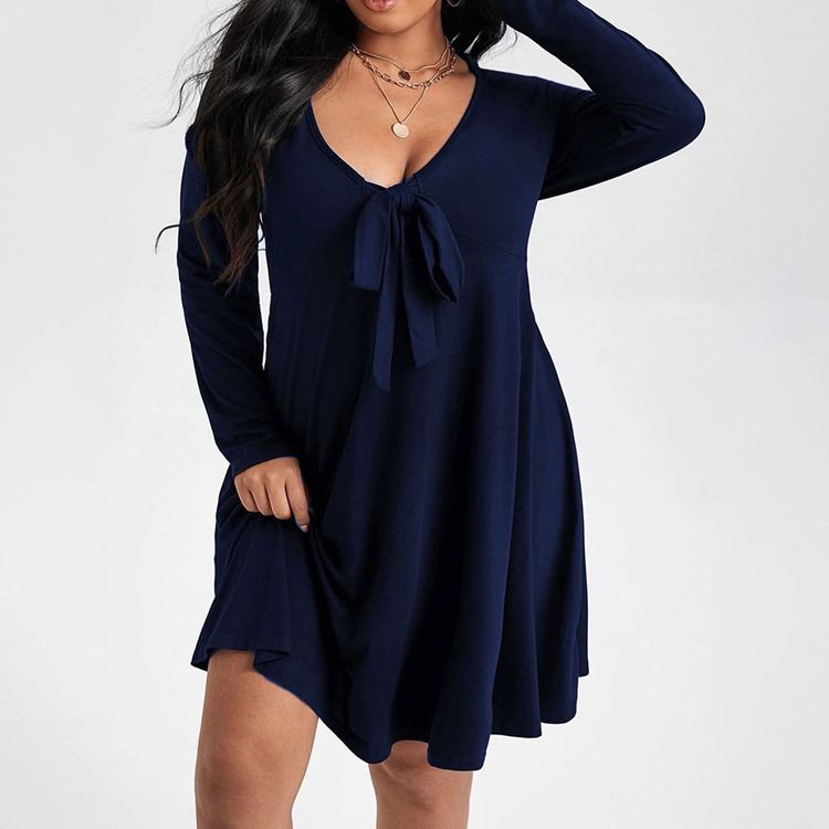 Plus Size Langermet Bowknot Kne-Lang Pullover Vanlig Casual Dress