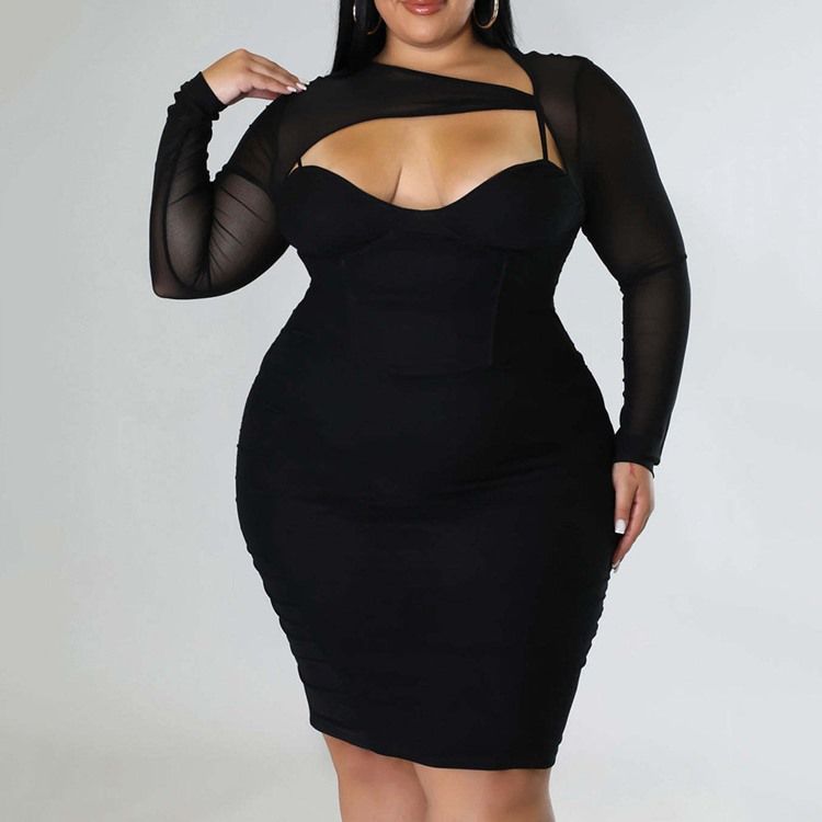 Plus Size Langermet Kne-Lang Vanlig Kontordame Kjole