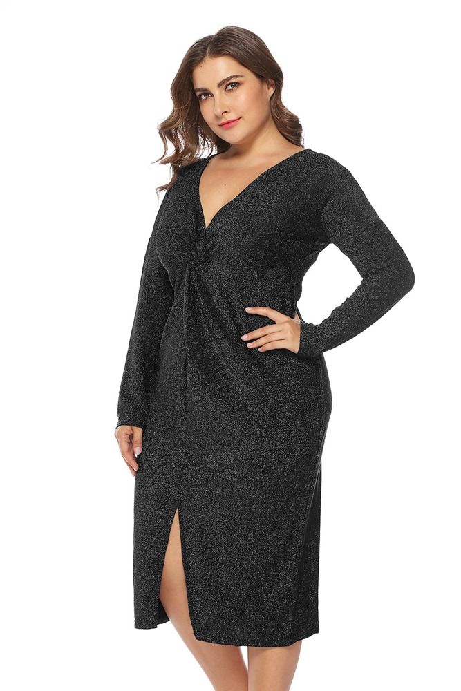 Plus Size Langermet V-Hals Split Pullover Fall Dress