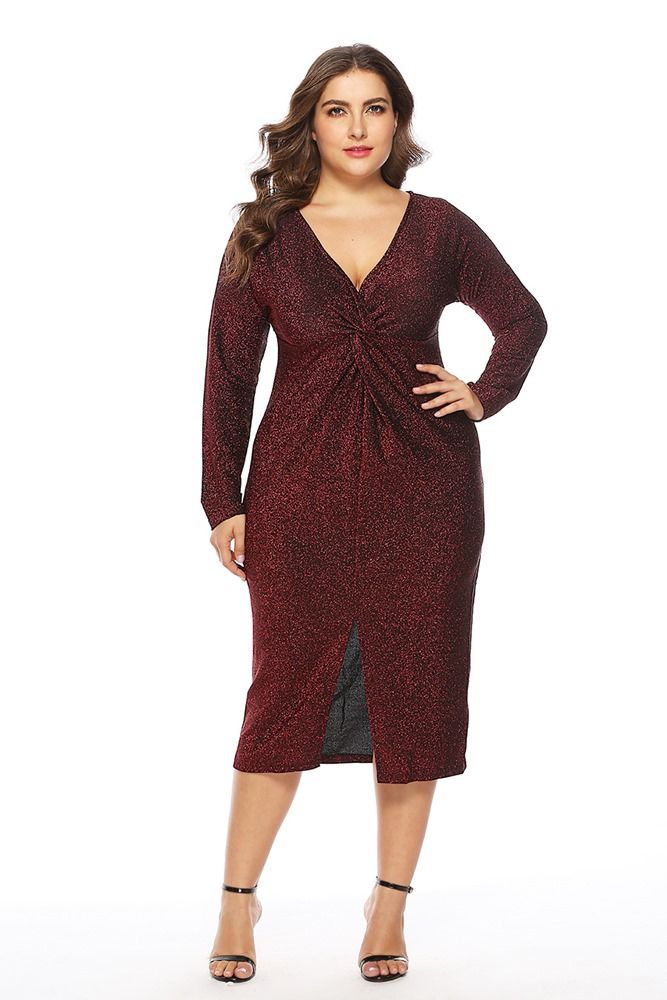 Plus Size Langermet V-Hals Split Pullover Fall Dress