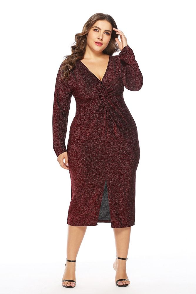 Plus Size Langermet V-Hals Split Pullover Fall Dress