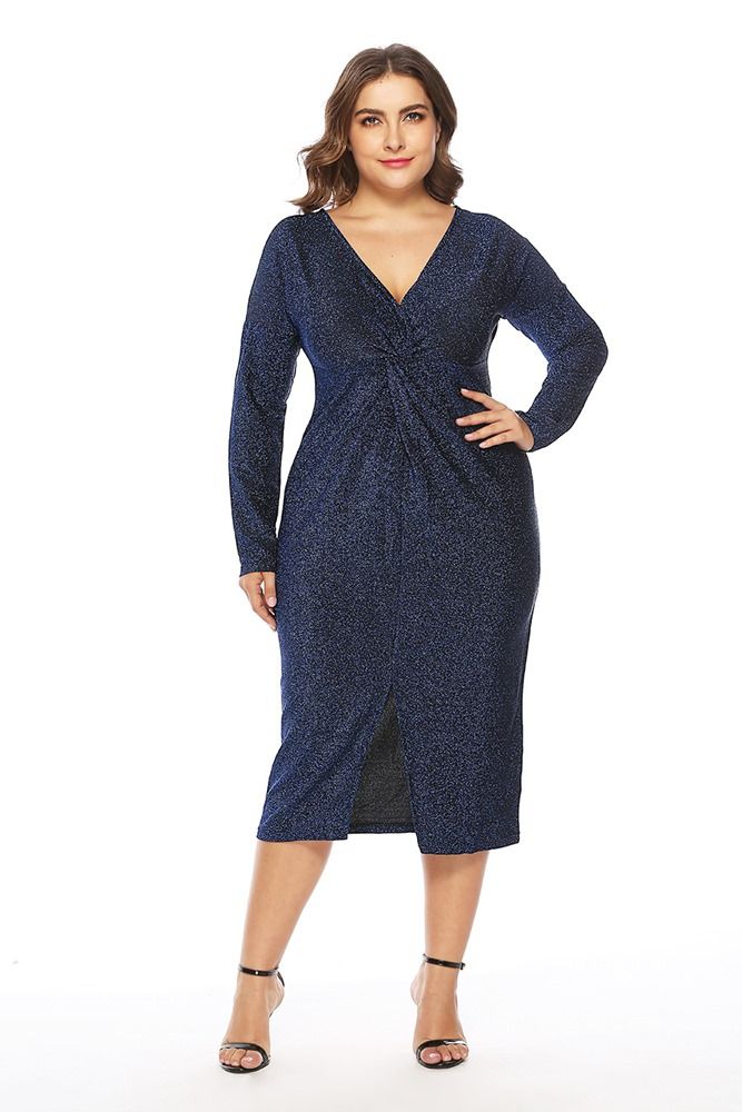 Plus Size Langermet V-Hals Split Pullover Fall Dress