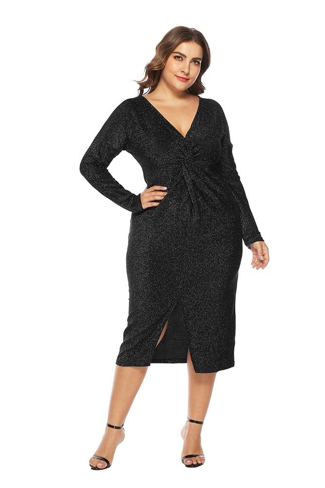 Plus Size Langermet V-Hals Split Pullover Fall Dress