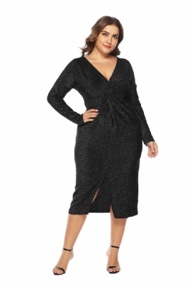 Plus Size Langermet V-Hals Split Pullover Fall Dress