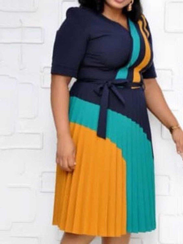 Plus Size Mid-Calf V-Hals Kortermet Color Block Date Night Going Out Dress