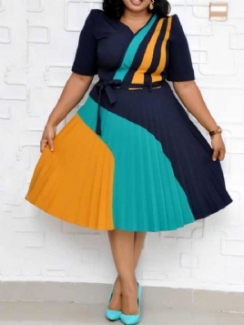 Plus Size Mid-Calf V-Hals Kortermet Color Block Date Night Going Out Dress