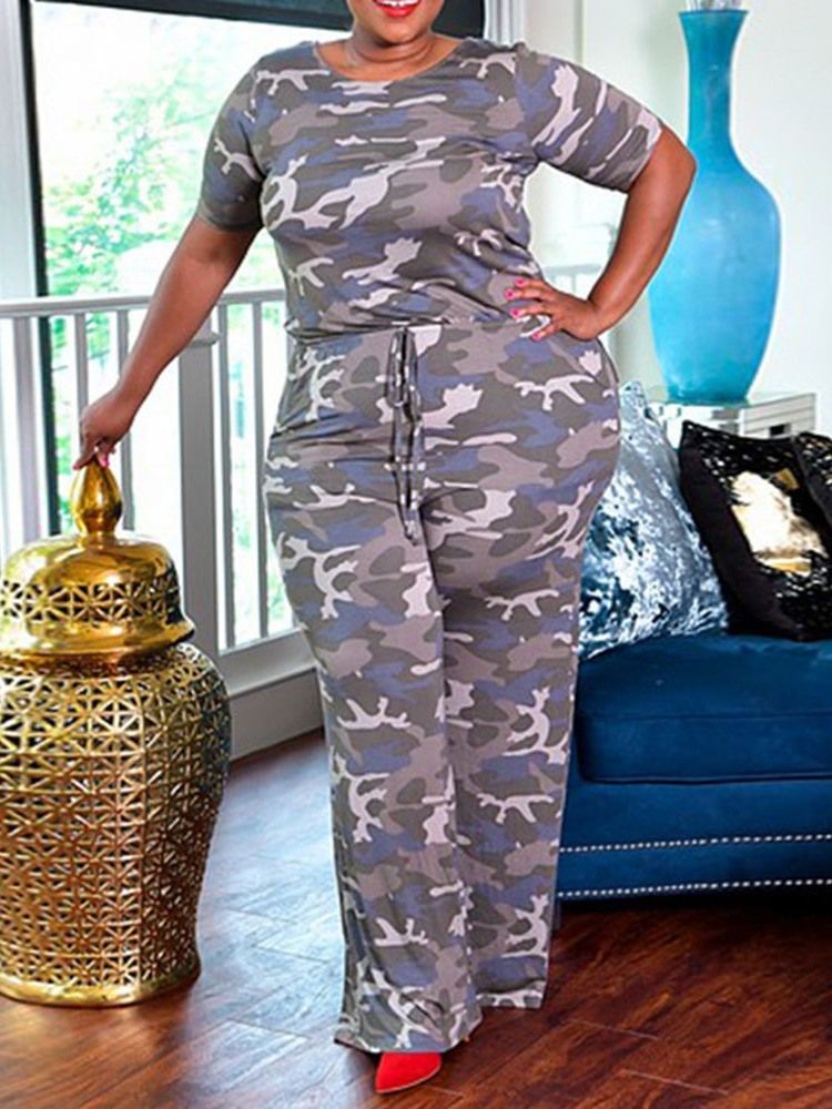 Plus Size Print Full Lengde Kamuflasje Slim Wide Legs Jumpsuit