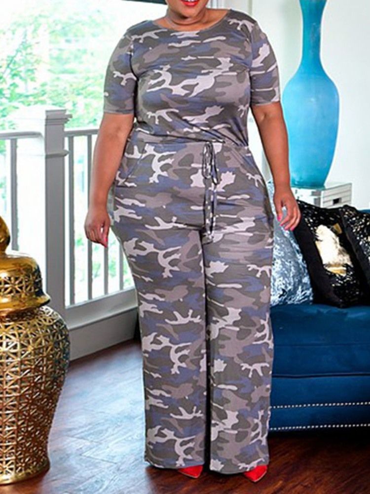 Plus Size Print Full Lengde Kamuflasje Slim Wide Legs Jumpsuit