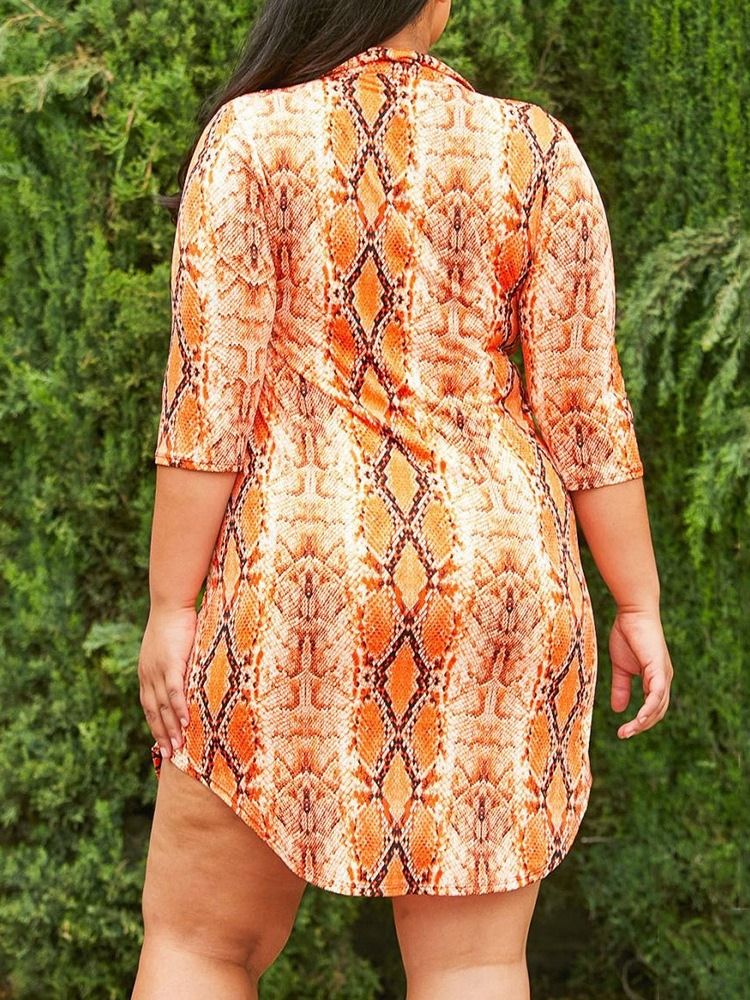 Plus Size Print Lapel Serpentine Trekvartsermet Kort Bluse