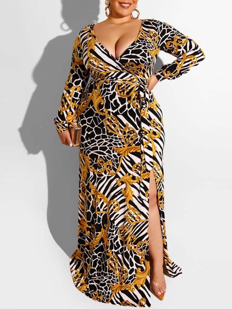 Plus Size Print V-Hals Delt Gulv-Lengde Fritidskjole