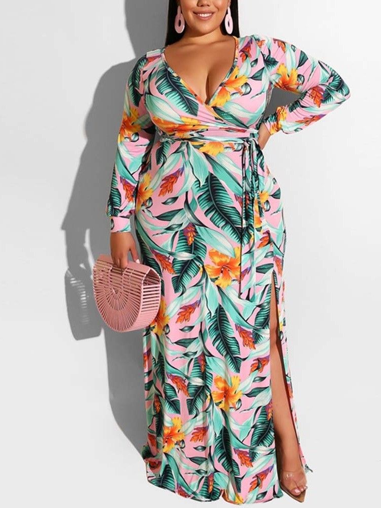 Plus Size Print V-Hals Delt Gulv-Lengde Fritidskjole