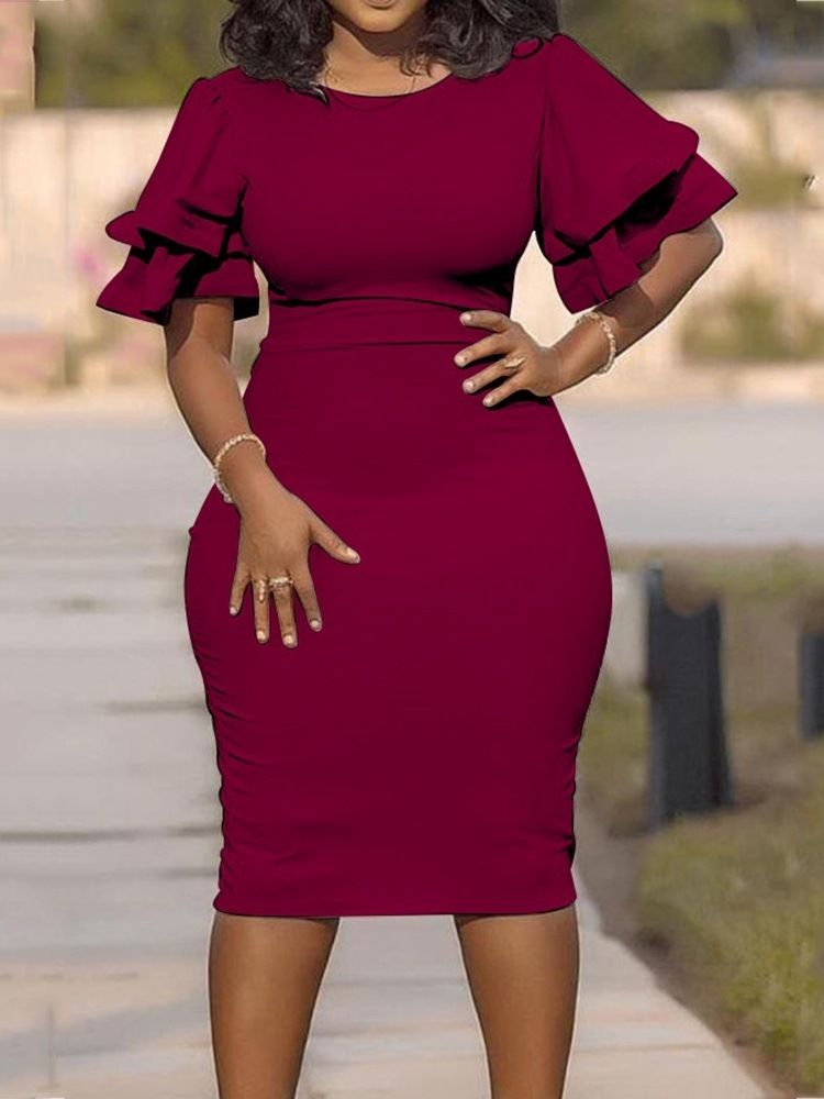 Plus Size Rund Hals Ruffle Sleeve Single Bodycon Dress