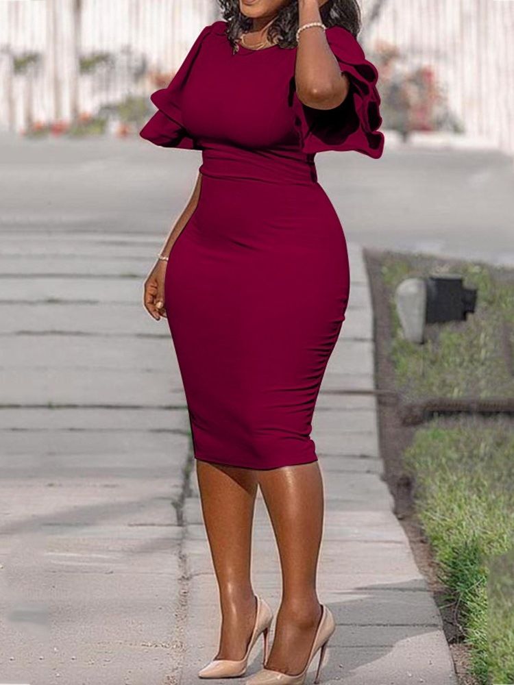 Plus Size Rund Hals Ruffle Sleeve Single Bodycon Dress