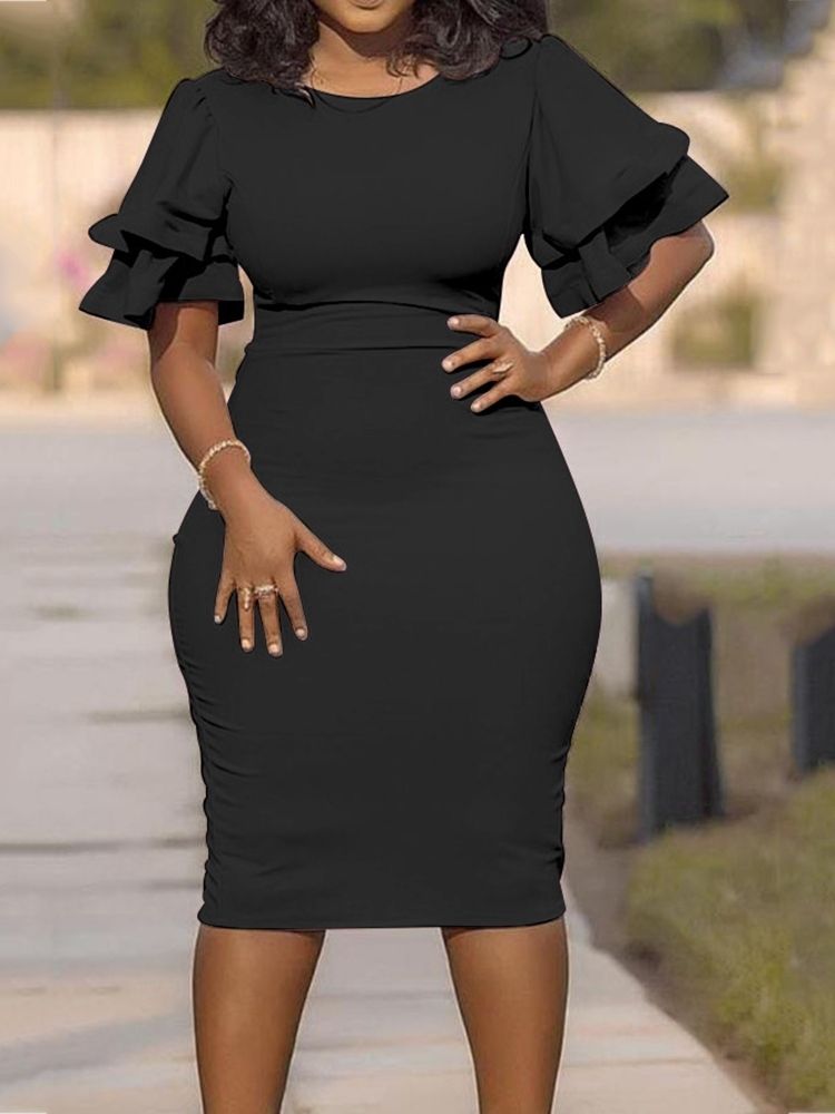 Plus Size Rund Hals Ruffle Sleeve Single Bodycon Dress