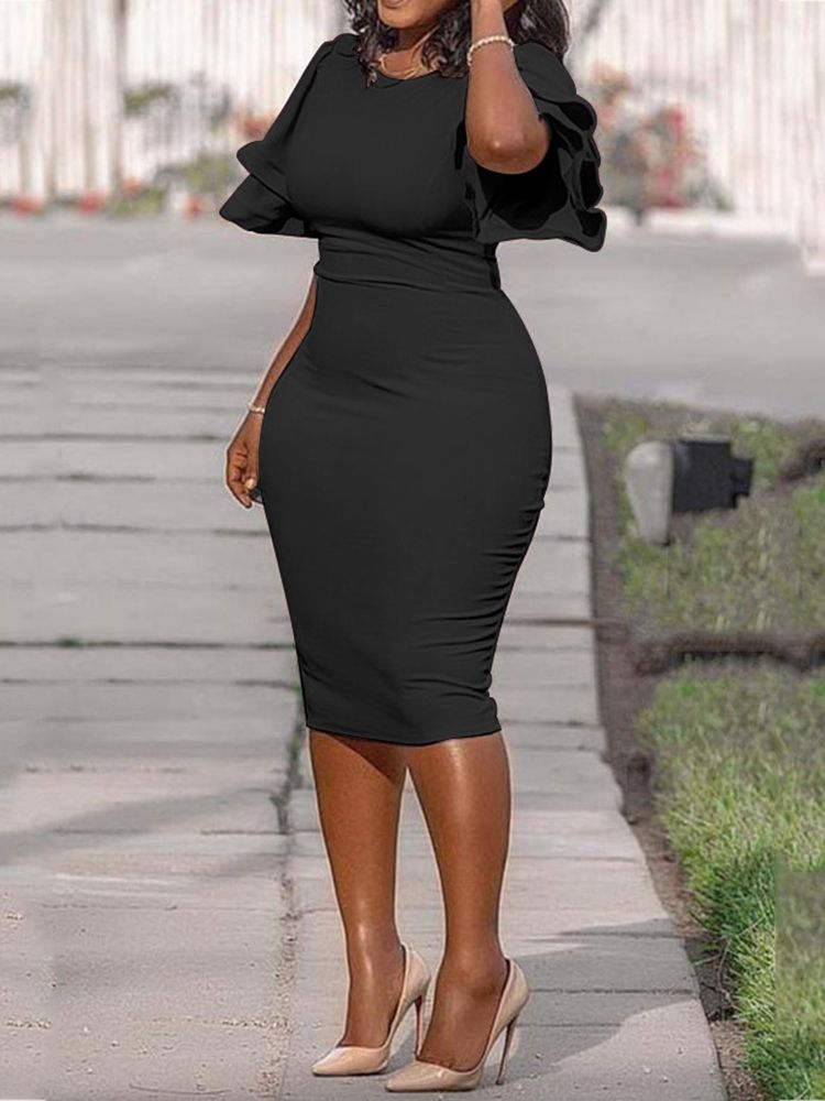 Plus Size Rund Hals Ruffle Sleeve Single Bodycon Dress