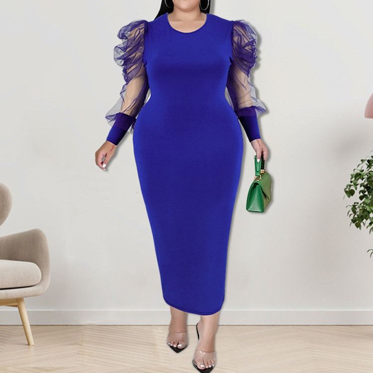 Plus Size Rundhals Mesh Langermet Bodycon Puff Sleeve Bodycon Kjole