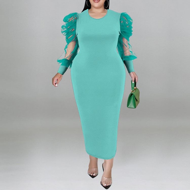 Plus Size Rundhals Mesh Langermet Bodycon Puff Sleeve Bodycon Kjole