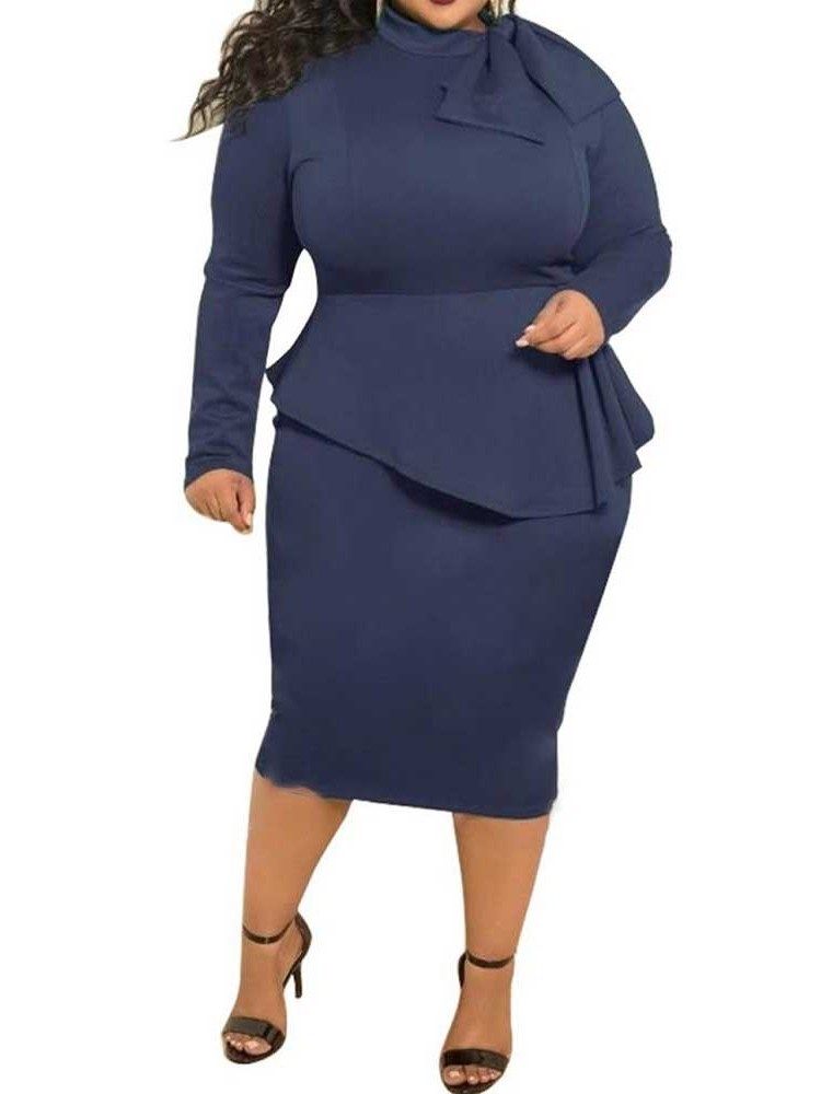 Plus Size Sløyfekrage Mid-Calf Langermet Bodycon High Waist Dress