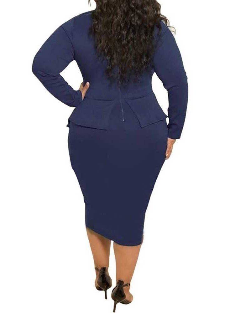 Plus Size Sløyfekrage Mid-Calf Langermet Bodycon High Waist Dress