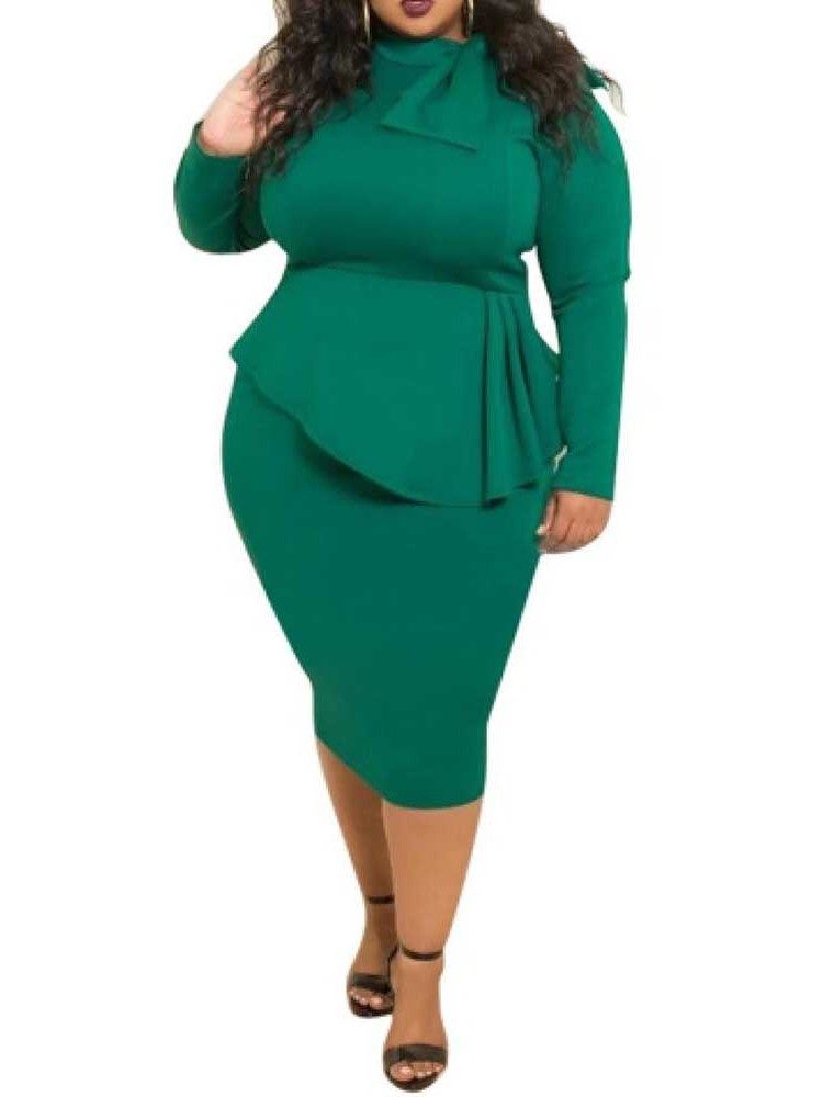 Plus Size Sløyfekrage Mid-Calf Langermet Bodycon High Waist Dress