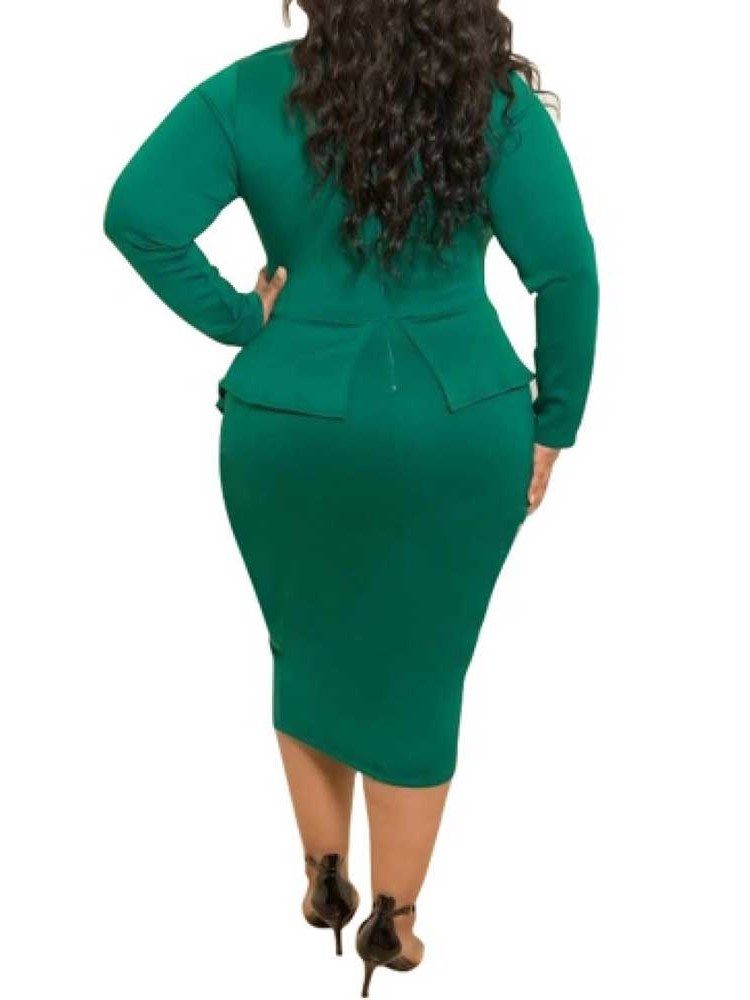 Plus Size Sløyfekrage Mid-Calf Langermet Bodycon High Waist Dress