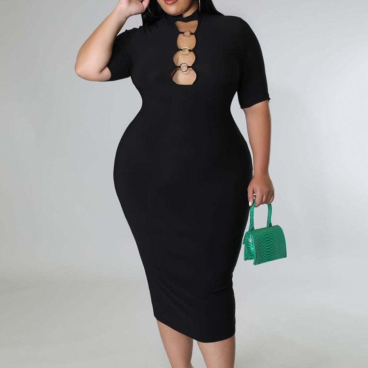 Plus Size Stativ Krage Mid-Calf Hollow Fall Bodycon Dress