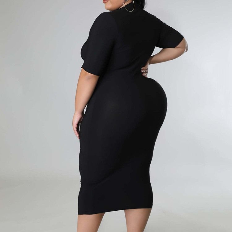 Plus Size Stativ Krage Mid-Calf Hollow Fall Bodycon Dress