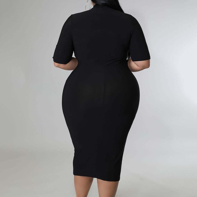 Plus Size Stativ Krage Mid-Calf Hollow Fall Bodycon Dress