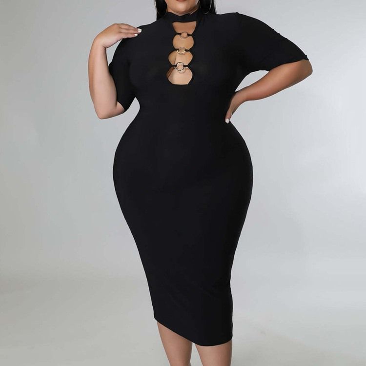 Plus Size Stativ Krage Mid-Calf Hollow Fall Bodycon Dress