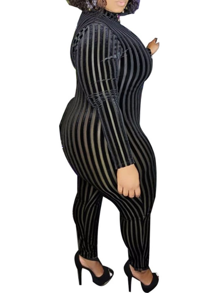 Plus Size Stripe Full Lengde Casual Skinny Jumpsuit