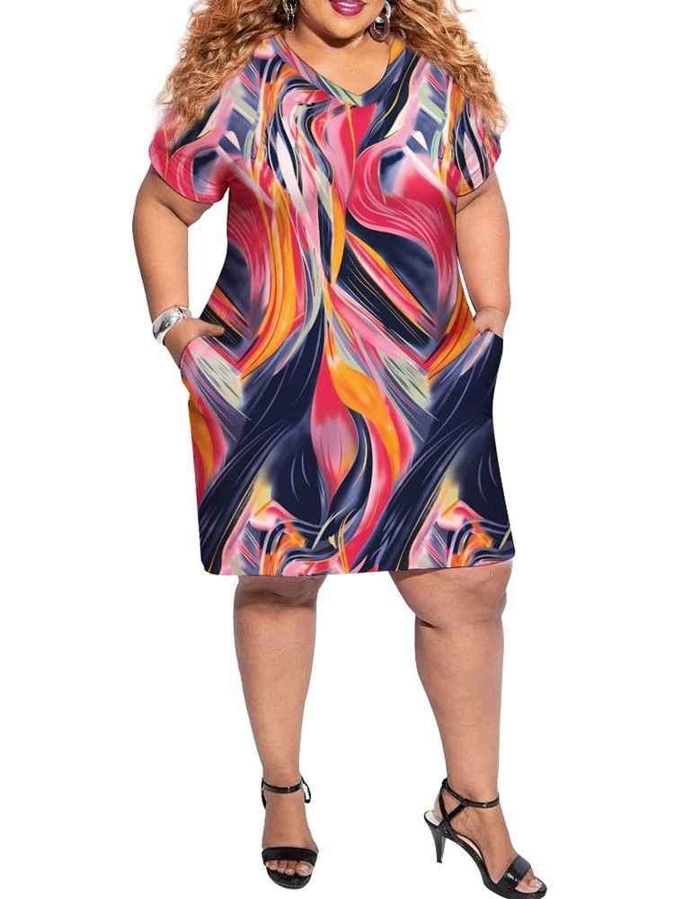 Print Above Knee Kortermet Pullover Color Block Dress