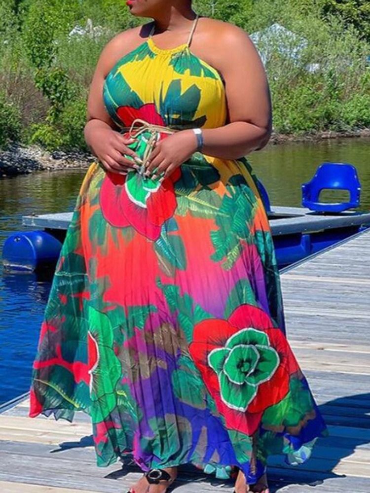 Print Ermeløs Gulvlang Plante Western Maxi Kjole Plus Size