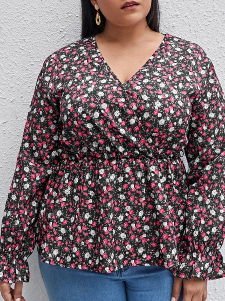 Print Floral V-Hals Langermet Standard Dame Bluse Plus Size