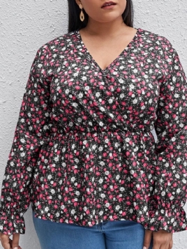 Print Floral V-Hals Langermet Standard Dame Bluse Plus Size