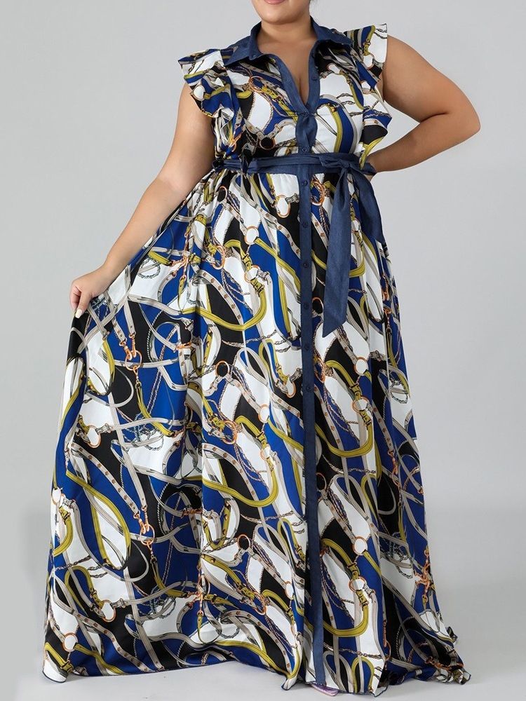 Print Lapel Gulvlang A-Line Plus Size Kjole