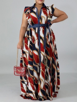 Print Lapel Gulvlang A-Line Plus Size Kjole