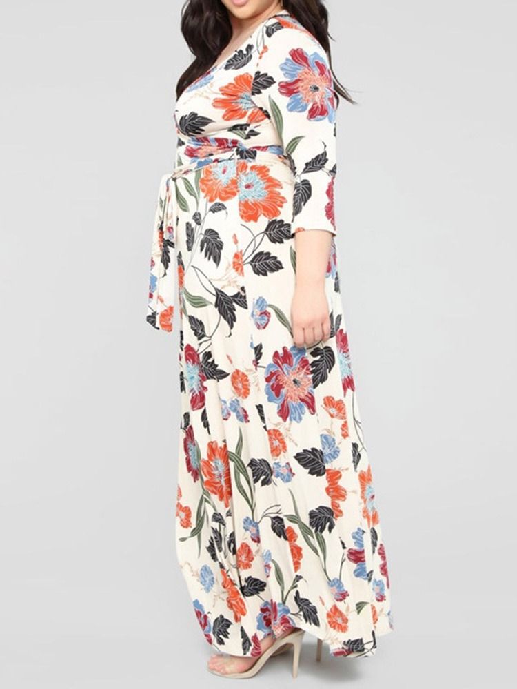 Print V-Hals Gulvlang Floral Maxi Kjole Plus Size