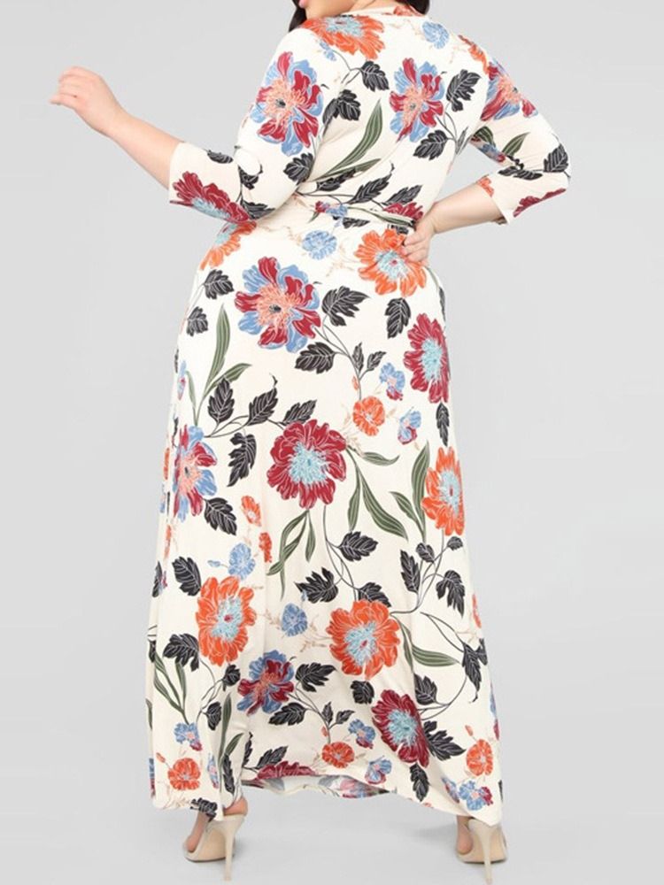 Print V-Hals Gulvlang Floral Maxi Kjole Plus Size