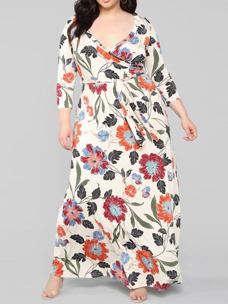 Print V-Hals Gulvlang Floral Maxi Kjole Plus Size