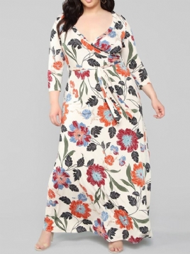 Print V-Hals Gulvlang Floral Maxi Kjole Plus Size