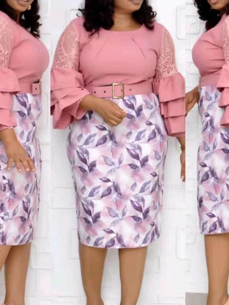 S Plus Size Rundhalstrykk Trekvartsermet Midt Midje Volangermet Kjole