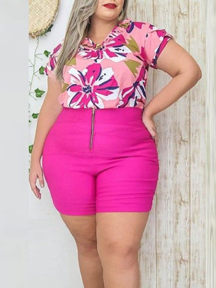 Shorts Casual Print Pullover Kvinners Todelt Sett Plus Size