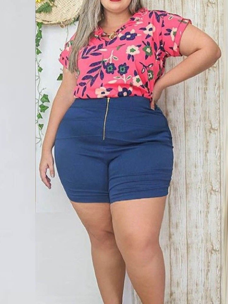 Shorts Casual Print Pullover Kvinners Todelt Sett Plus Size