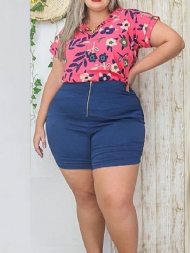 Shorts Casual Print Pullover Kvinners Todelt Sett Plus Size