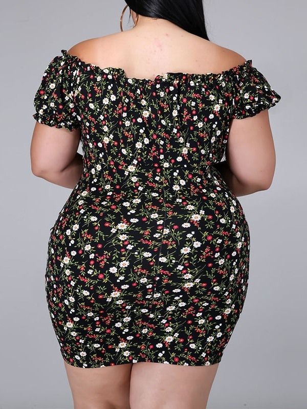 Shortsleeve Above Knee Print Bodycon Pullover Floral Bodycon Kjole Plus Size