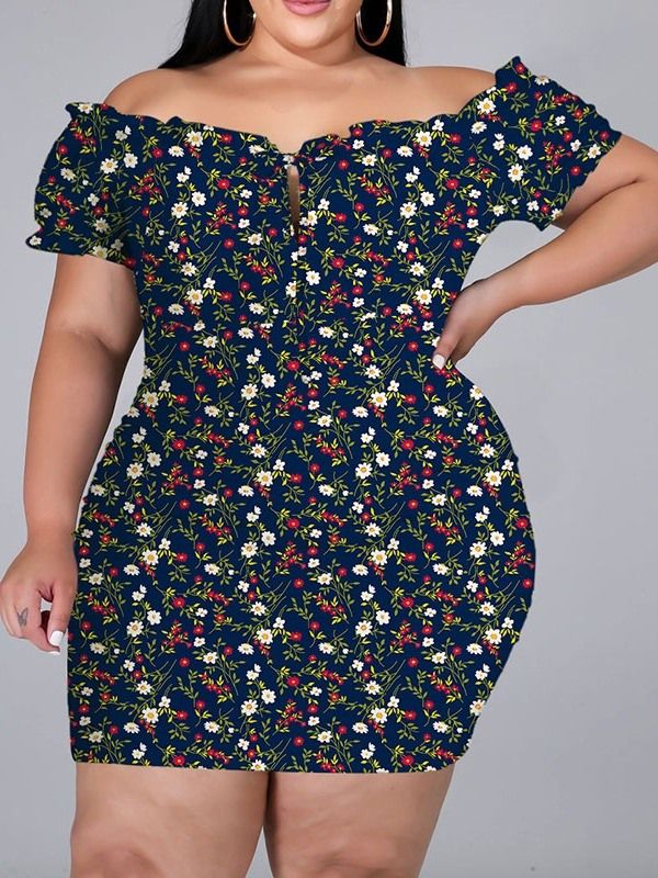 Shortsleeve Above Knee Print Bodycon Pullover Floral Bodycon Kjole Plus Size