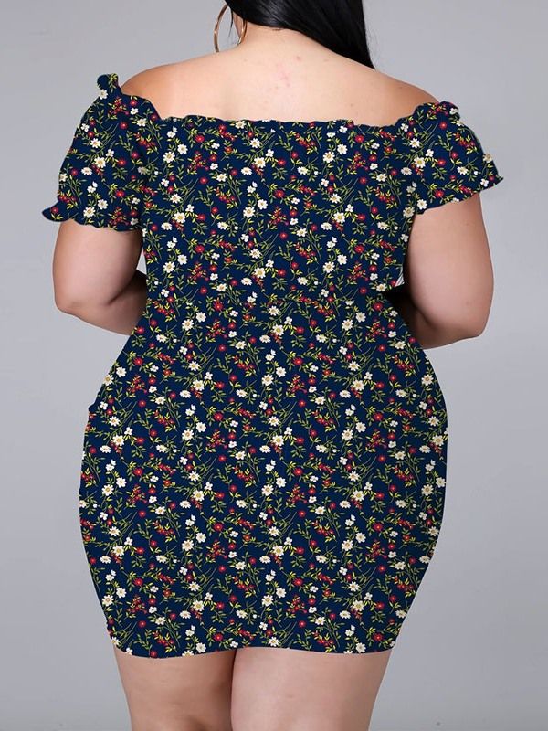 Shortsleeve Above Knee Print Bodycon Pullover Floral Bodycon Kjole Plus Size