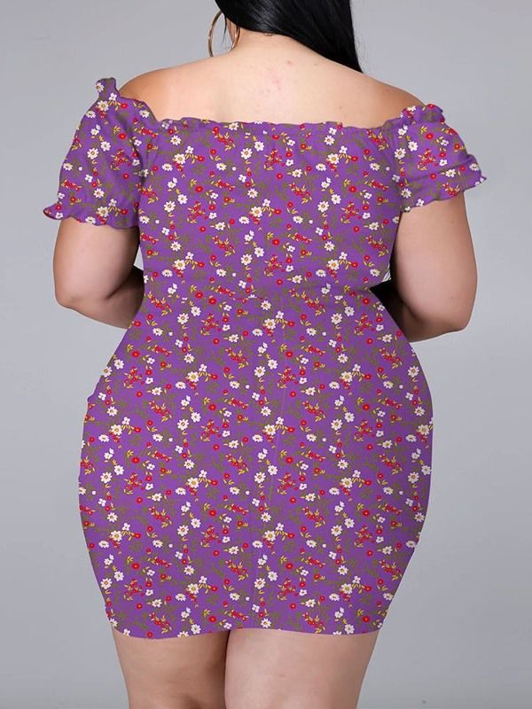 Shortsleeve Above Knee Print Bodycon Pullover Floral Bodycon Kjole Plus Size